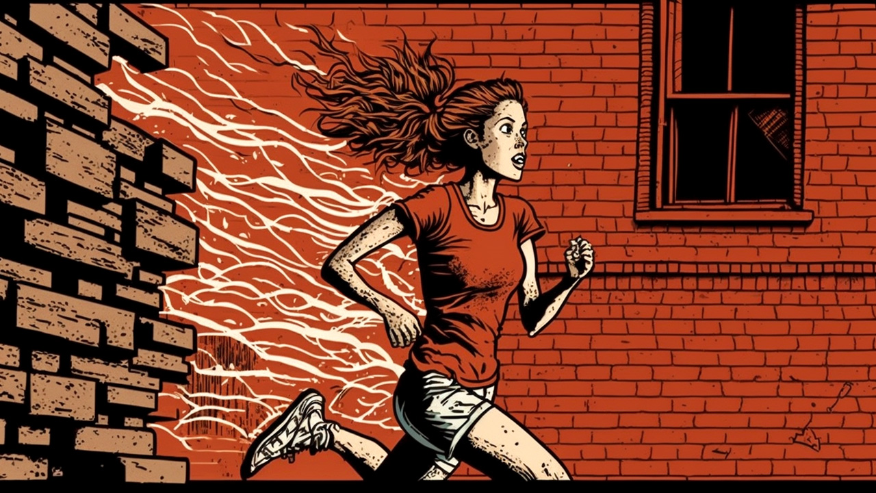 Runner goes past a red brick wall